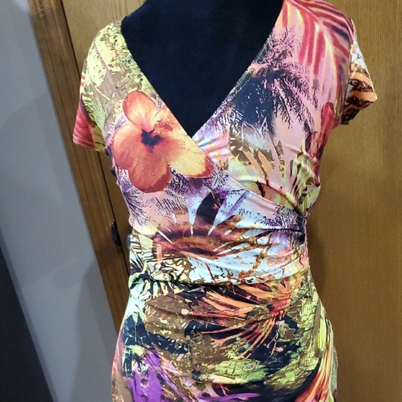 Joseph Ribkoff Pink and Purple Tropical Ruched Faux Wrap Dress - Picture 3 of 8